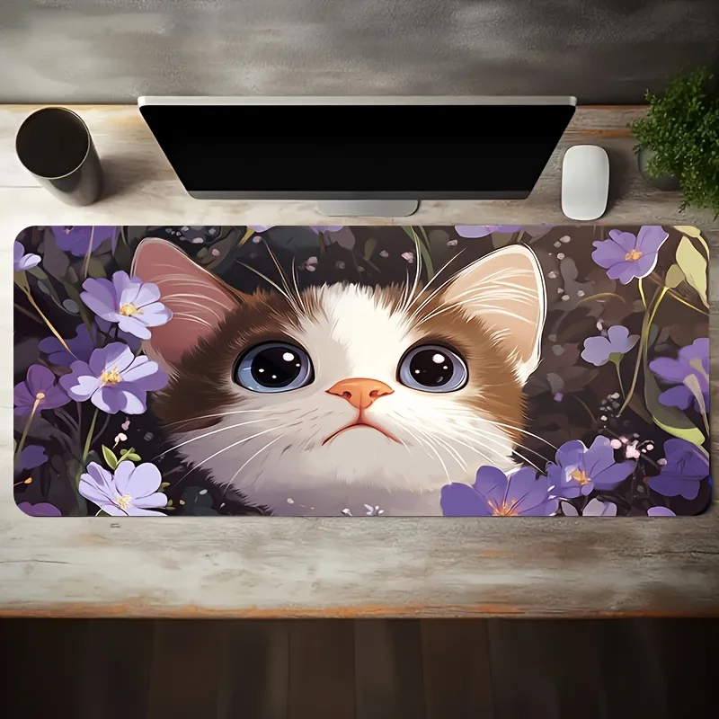 Cute Kitten Floral Extra Large Gaming Mouse Pad Non-Slip Rubber Desk Mat for Office and Gaming