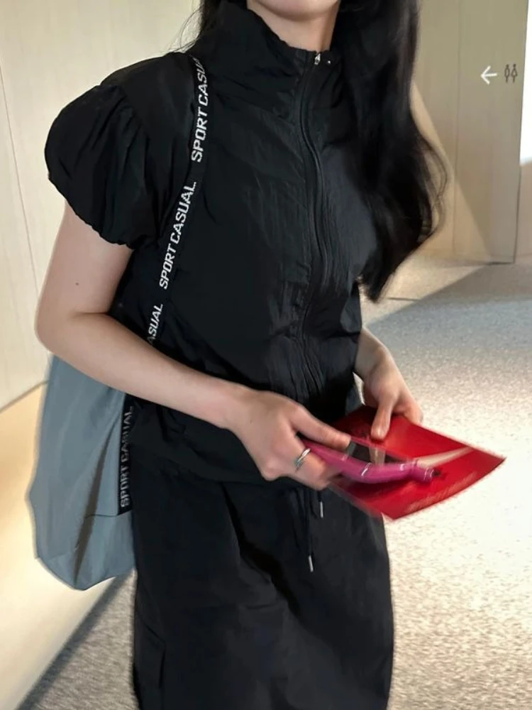 Half-high Collar Korea Chic Zip T-shirt Casual Short Premium Slim Women Clothing Minority Simple Office Lady Moda Shirts