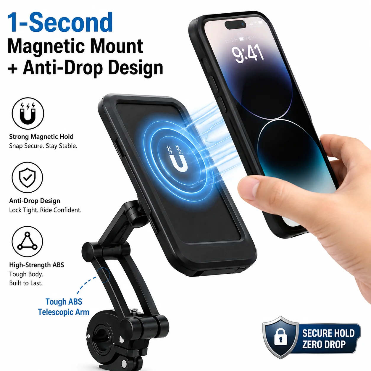Universal Magnetic Bike Phone Mount, Extendable Arm Shockproof ABS Holder for Motorcycle, ATV, Stroller & Scooter.