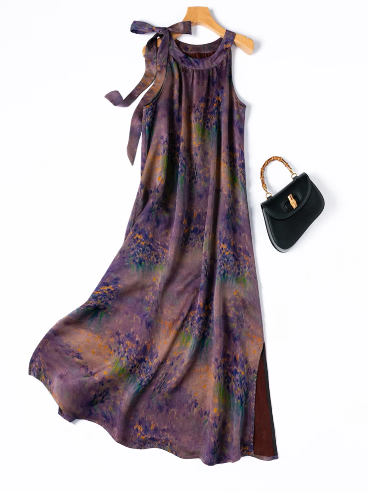 2025 Women's Summer New 100% Natural Mulberry Silk Gambiered Guangdong Gauze Print Loose Casual Split Tank Top Dress