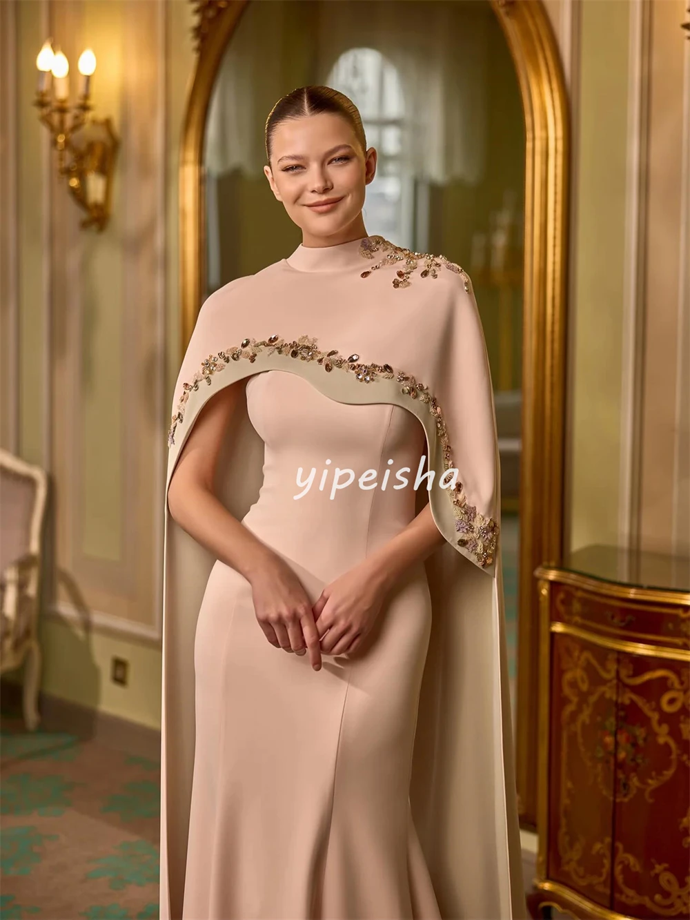Customized Modern Style Women Jersey Handmade Flower Rhinestone Mermaid Evening Dresses Formal High Collar Sleeveless Party Gown image 2