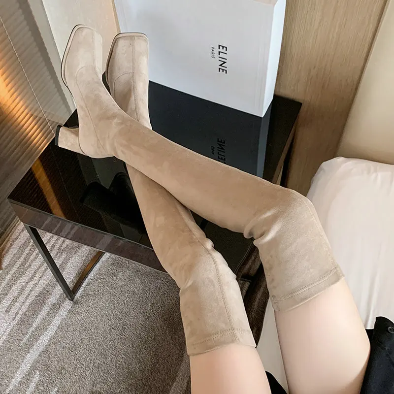 

Big Size 34-42 Suede Leather Nude Color Women Winter Autumn Overknees Chunky High Heels Long Stretch Boots Thigh Long Sock Shoes