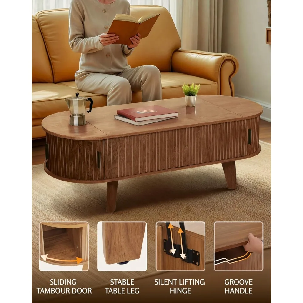 Mesa de Café Oval com Tampa Elevatória e Armazenamento, Mesa Central Moderna de Meio Século de 47,2 polegadas para Sala de Estar com 180 °   Deslizante, Personalizado