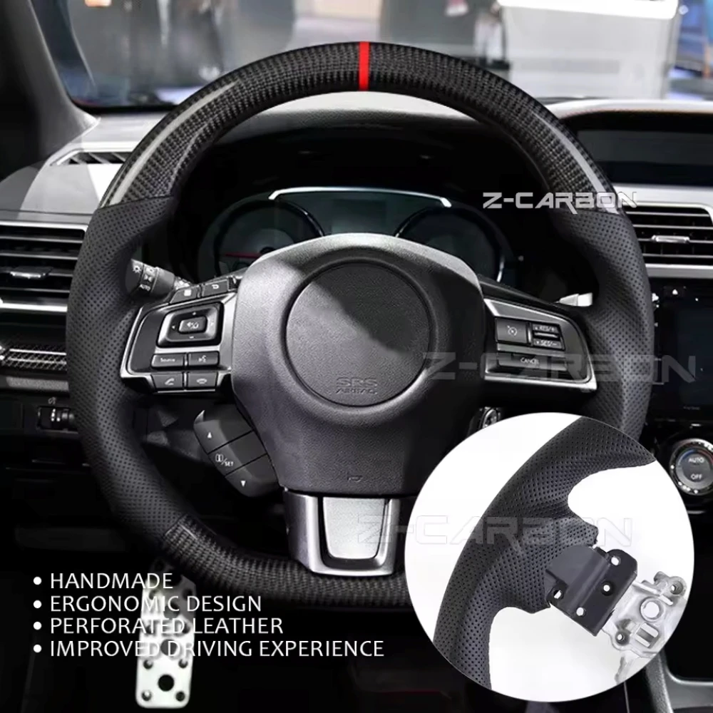 

Real Carbon Fiber Steering Wheel Non-Heated Red Stitch For Subaru WRX STI 2015-2020 Perforated Leather Car Upgrade Accessories