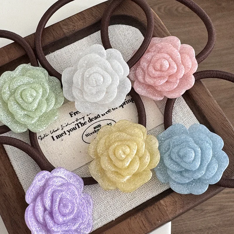 Korean Thin Flash Rose Rubber Band Sweet Flower Hair Band Simple All-Match Ponytail Hair Tie Rubber Band Does Not Hurt Hair Rope