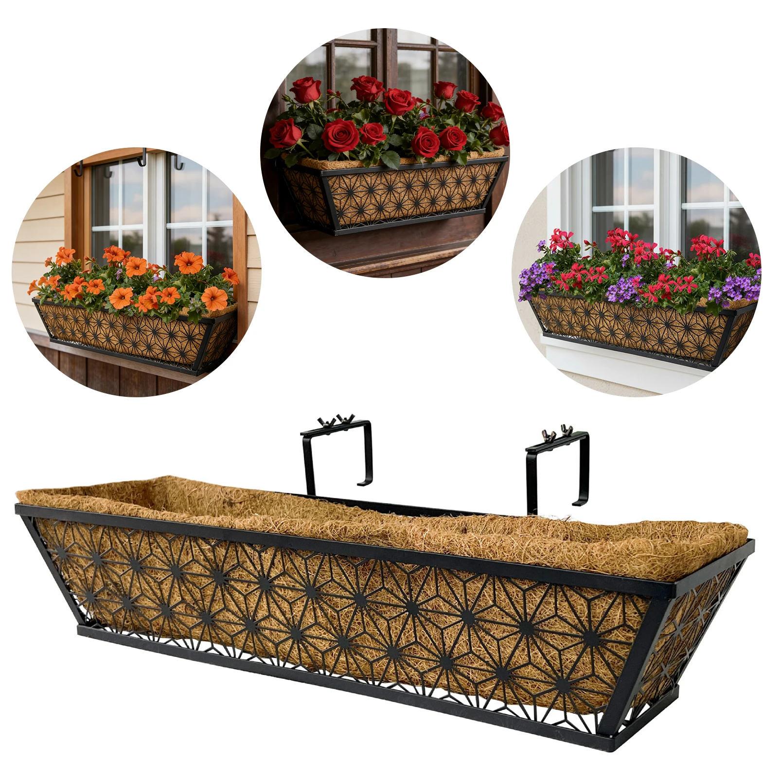 2pcs 24 Inch Window Deck Railing Planter Boxes with Coconut Liner Steel Hanging Flower Planter for Garden Balcony and Home Decor