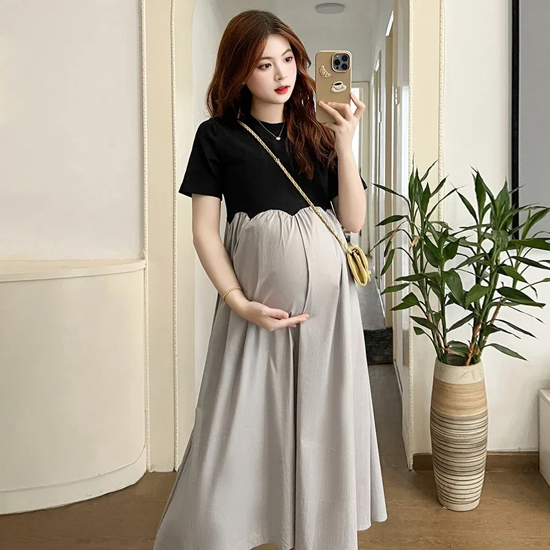 2024 French Style Pregnant Women Elegant Dress Plus Size Long Sleeve O-Neck High Waist Maternity A-Line Dress Long Loose Clothes