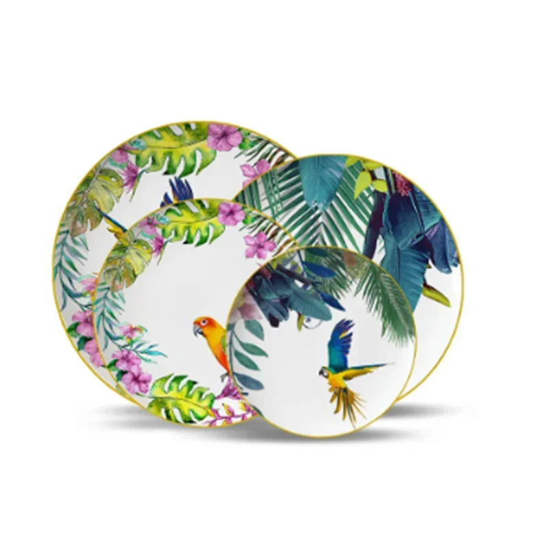 Overglazed Color Figure Tableware Set Hand Painted Parrot Household Dinner Plate Steak Plate Coffee Set Set assiette