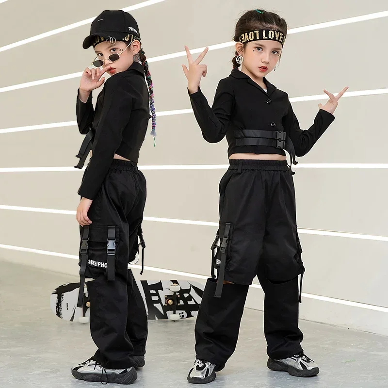 

Handsome Hip Hop Clothes For Kids Girls Black Suit Jazz Dancing Outfit Stage Catwalk Costumes Long-Sleeved Street Dancewear 4803