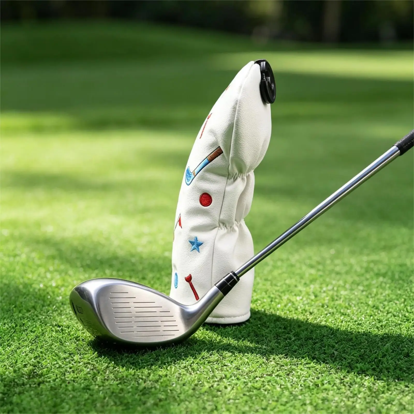 Creative Colorful Embroidery Golf Club Head Cover Club Protectors Elastic Back PU Leather Headcover