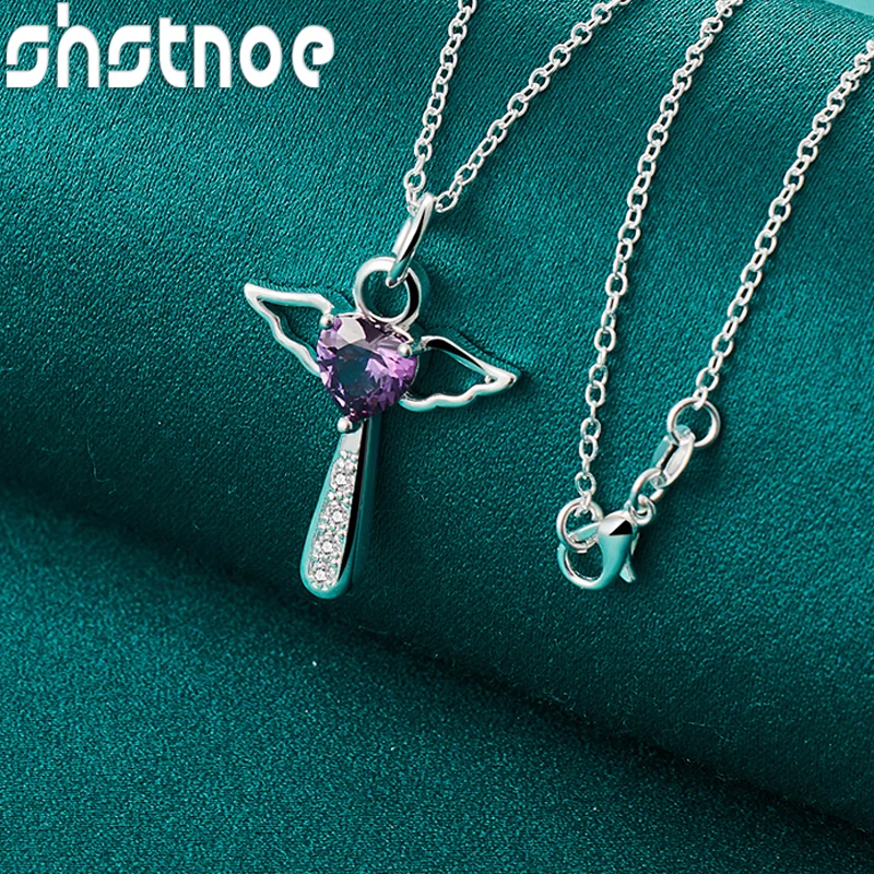 

SHSTONE 925 Sterling Silver AAA Purple Zircon Cross Pendant Necklace For Women 16-30 Inch Chain Wedding Party Birthday Jewelry