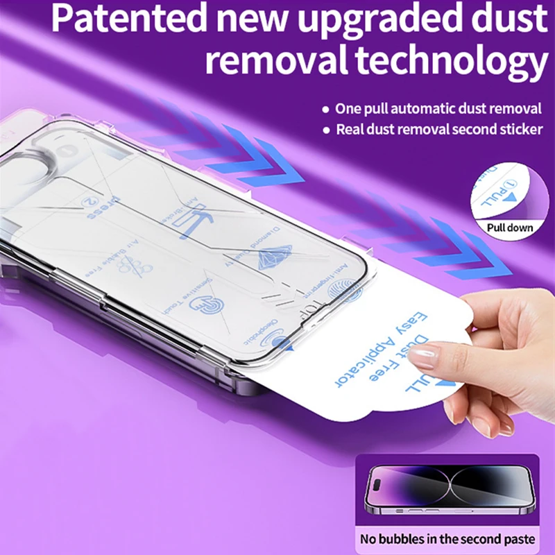 Dust free Installation Screen Protector For iPhone 15 14 13 12 11 Pro XS Max XR Easy Install Auto-Dust Remova Kit Tempered Glass