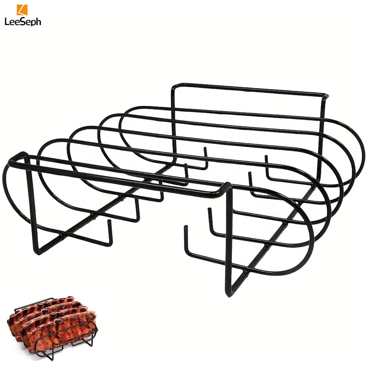 Leeseph BBQ Rib Rack, Non-Stick Coated Carbon Steel Roasting Stand fit Smoking, Gas Smoker and Charcoal Grill, BBQ Accessories