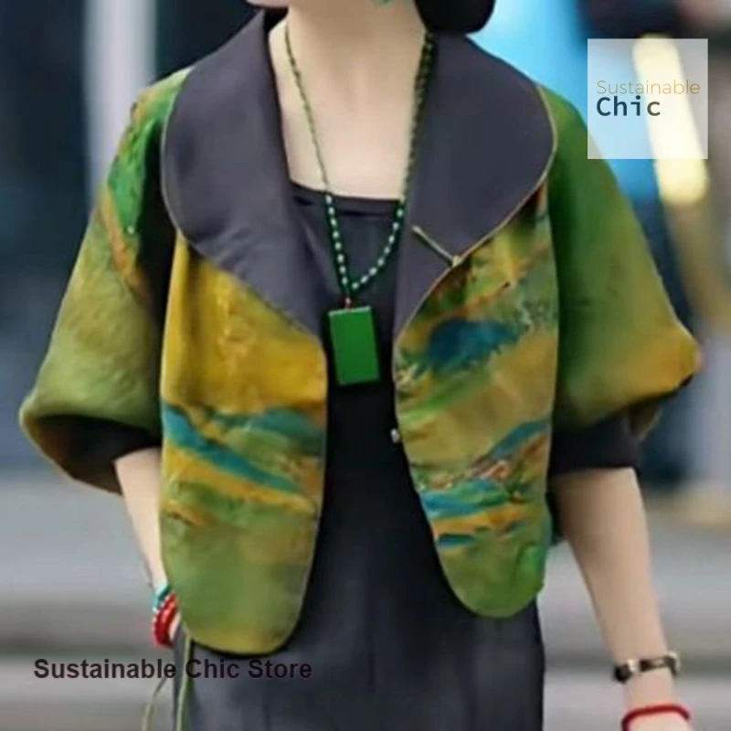 French style double-sided wear loose long-sleeved short coat women's spring and autumn new fashion satin ink print Joker coat.