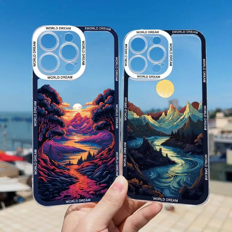 เคสโทรศัพท์แบบใสลายพระอาทิตย์ตกสุดหรูสำหรับ iPhone 15 14 13 12 11 PRO MAX x XS XR 14 15 PLUS SE2 7 8 Plus ฝาครอบภูมิทัศน์ทิวทัศน์