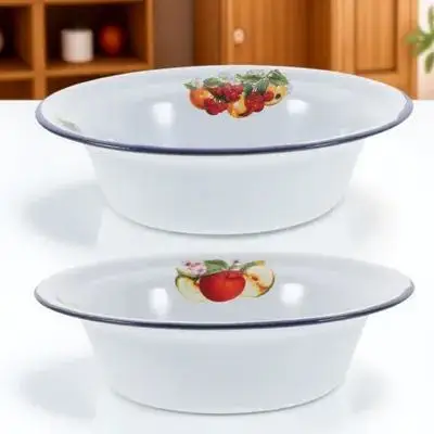 

2Pcs Thickened Enamel Soup Basin Retro Vintage Kitchenware Large Capacity Multipurpose Mixing Dough Washing Fruits Vegetables
