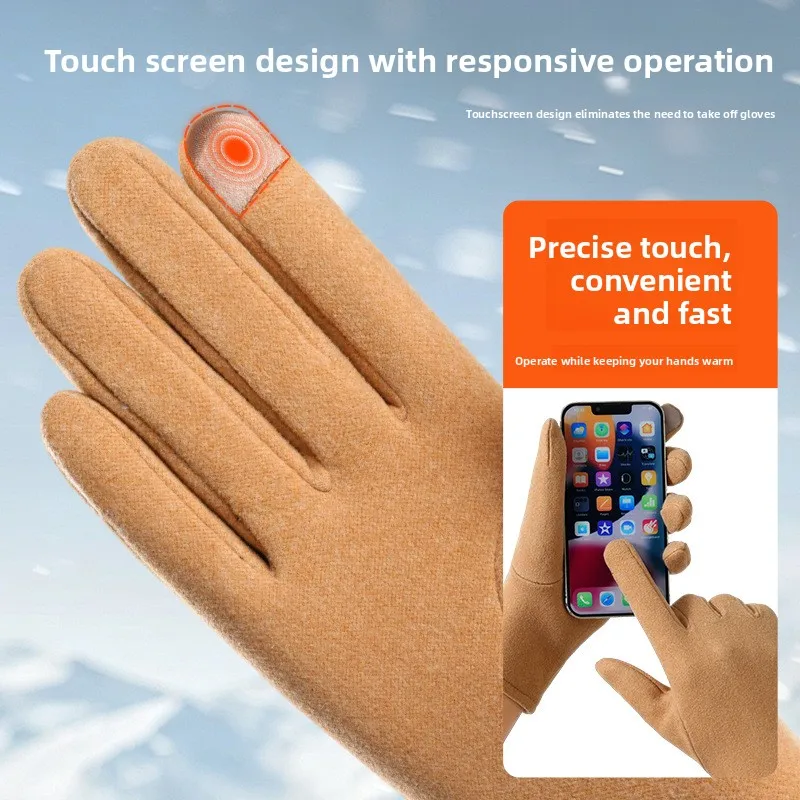 Women Autumn Winter Warm Velvet Thickened Windproof Coldproof Touch Screen Gloves for Outdoor Driving Electric Vehicle Use