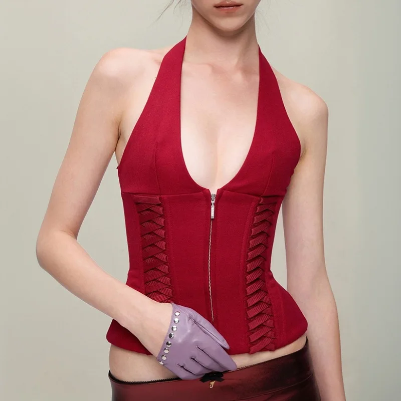 Like Jennie Hot-selling Neck Strap Waist Zipper Vest Hot Girl Sexy Backless Slim and Versatile Temperament Strap Crop Top K-pop