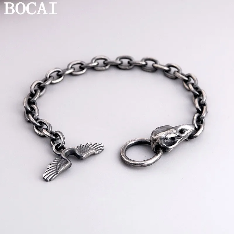 

BOCAI NEW S925 Sterling Silver Vintage Personality Crow Skull Bracelet Men's Gift