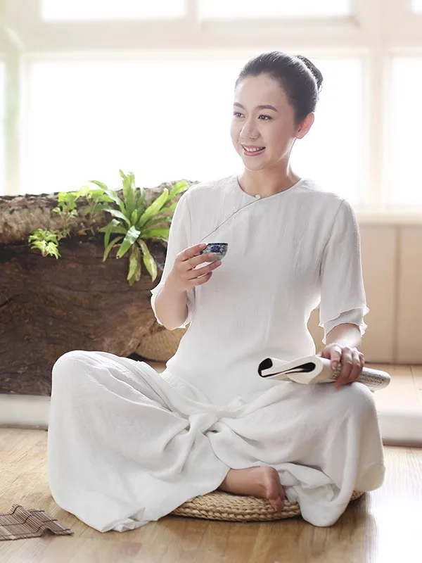 White Cotton Linen Wide Leg Pants Women's Yoga Trousers New Chinese Style Hanfu by Shidreams Asymmetrical Original Style Casu...