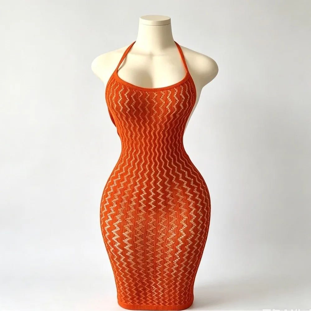Hollow Out Halter Neck Bodycon Dress See Through Cover Up Knitted Halter Midi Dress Fishnet Mesh Backless Bodycon Dress