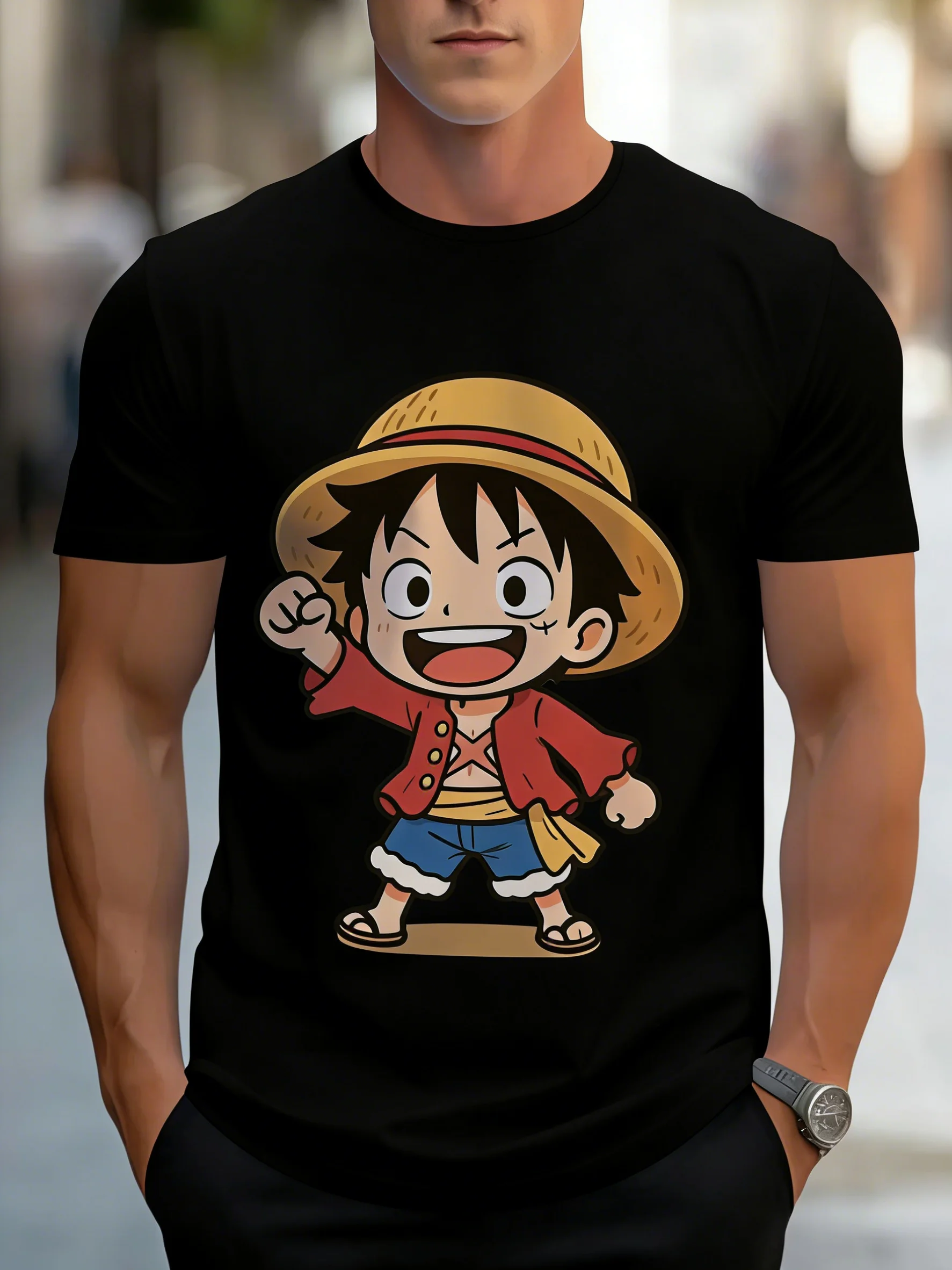 One Piece Luffy Printed Cotton Short Sleeve Bandai New American Loose Men's and Women's Breathable Sports Round Neck T-shirt