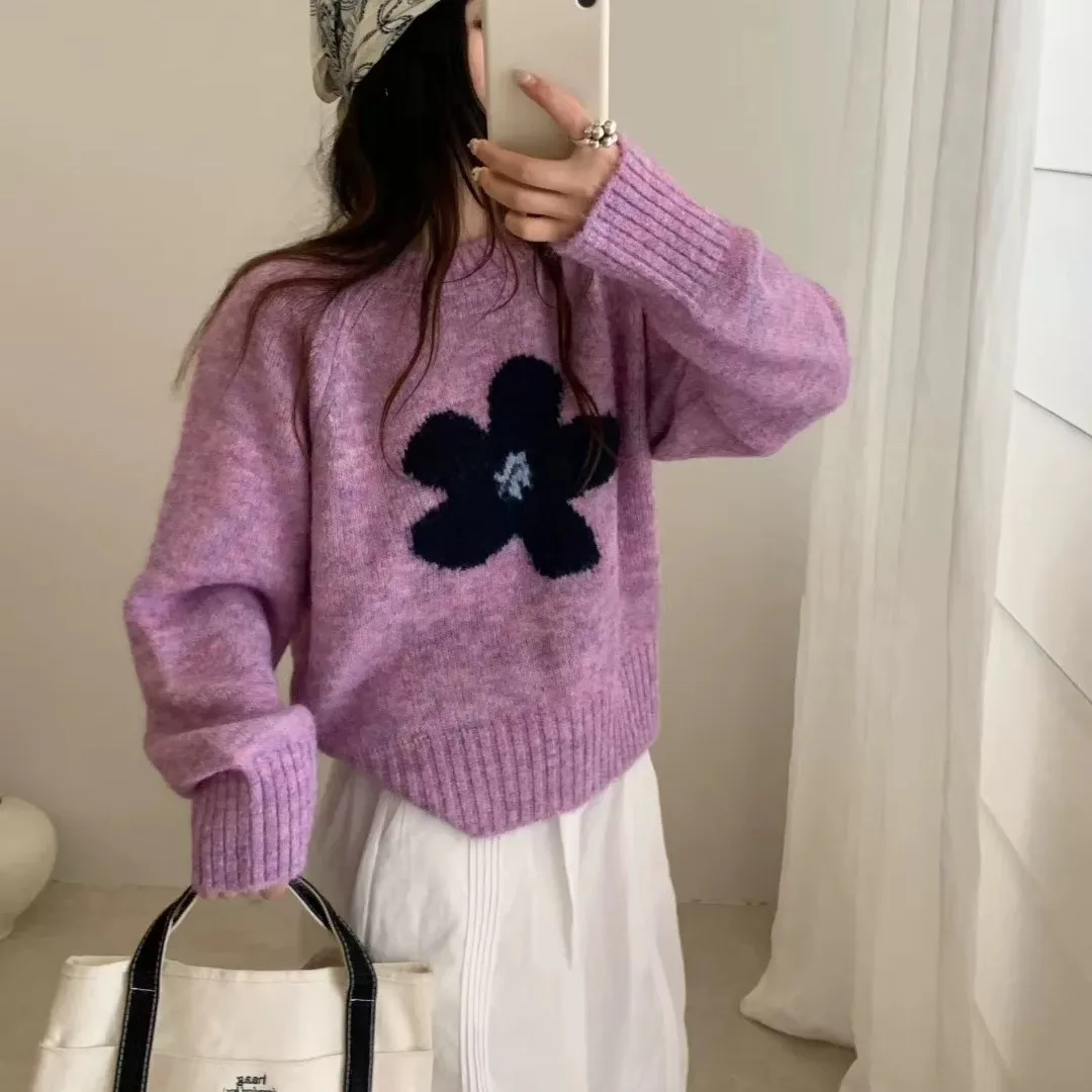 Flower Sweater Pullover for Women in Autumn Loose Outerwear with Short Versatile Sweater Top Trendy Short Knitted Sweater