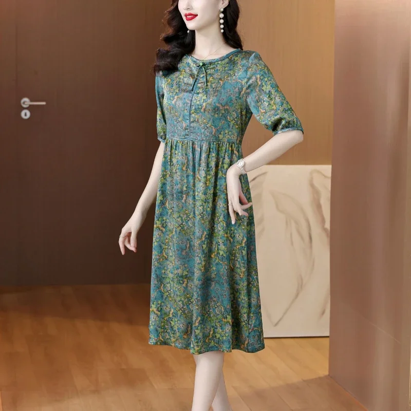 

Summer Temperament Round Neck Long Dress 2024 Women's New Style Pullover Slimming Print A-line Dresses Female Clothing