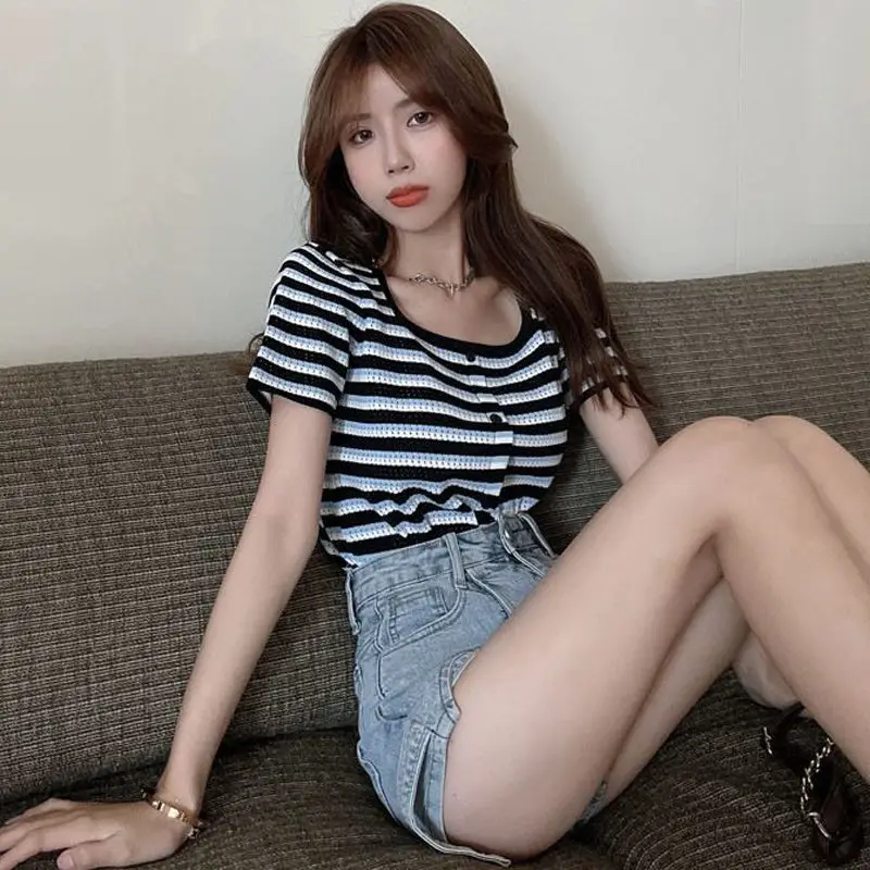 Casual Large Size Women Summer Korean Square Neck Stripe Knitting Loose Short Sleeve Elastic Force Office Lady Short T-shirt