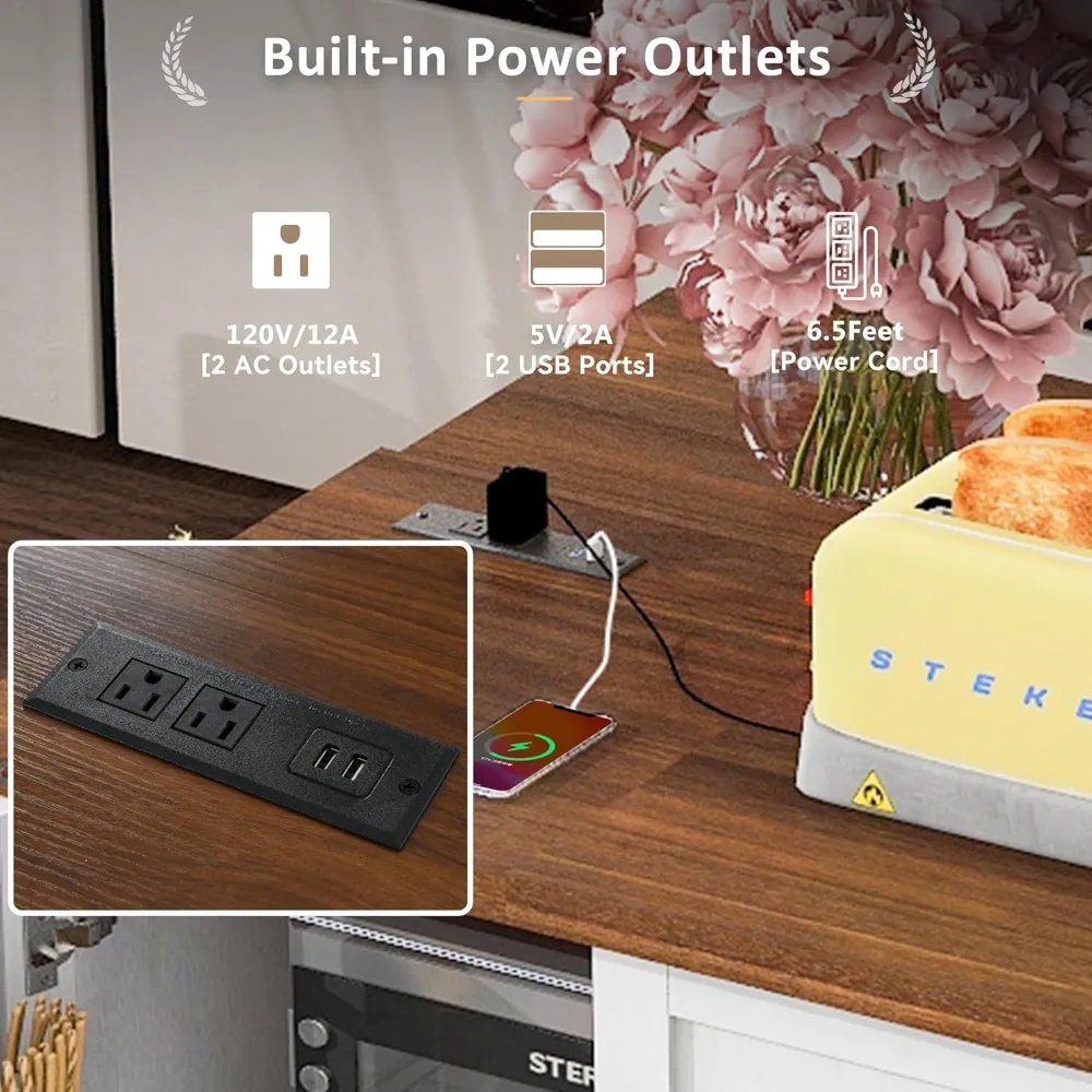 جزيرة مطبخ خشبية دوارة مع مخرج طاقة وأوراق متدلية، عربة تخزين متنقلة على عجلات مع أدراج #4