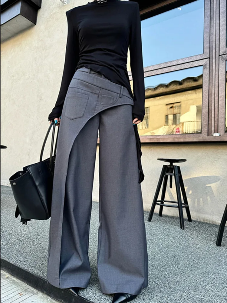 

Irregular design sense slanted suit wide leg pants women's spring summer high waist slimming floor length casual pants