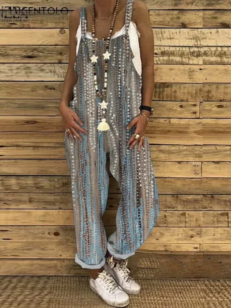 

Women Overalls Jumpsuits Thin Summer Loose Casual Vinatge Print Swwet Female Large Size New Suspenders Straight-leg Pants