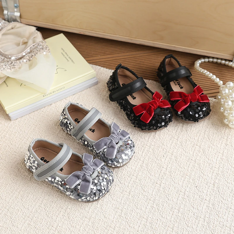 

Girls Sequined Mary Jane Shoes Children Flats Leather Shoes with Bow-knot Fashion Little Kids Princess Performance Shoes