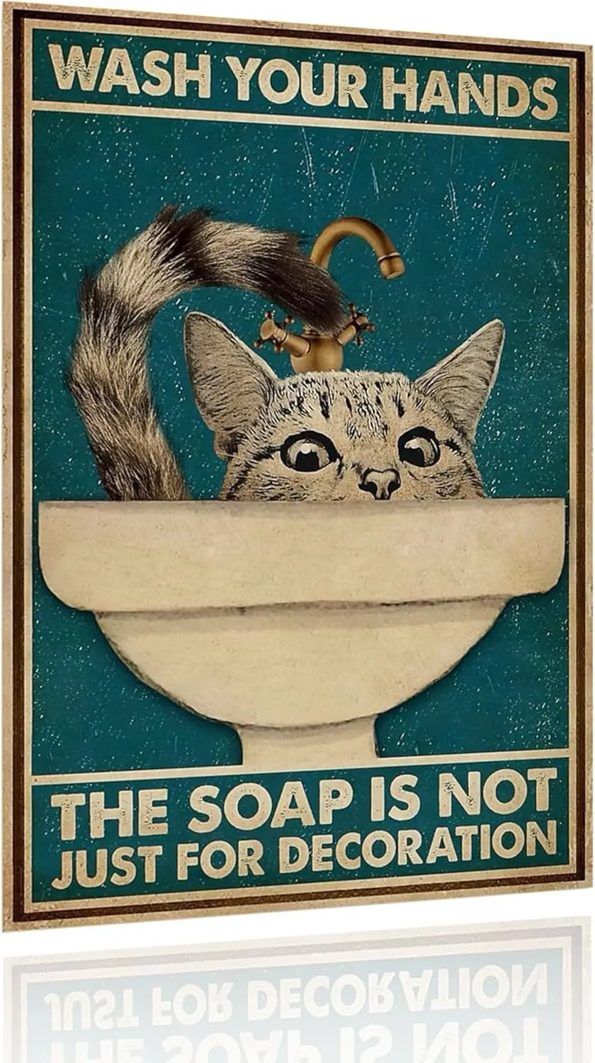 Vintage Metal Tin Sign Funny Cat Wall Art – Wash Your Hands, The Soap Is Not Just For Decoration Retro Styl Bathroom Restroom es