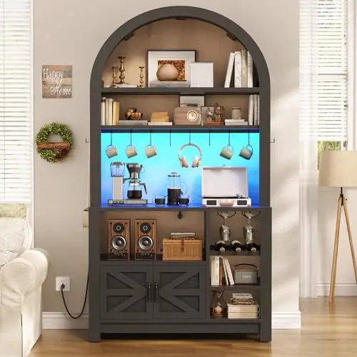 73" Tall Arched Bakers Rack with Power Outlet and LED Light, Farmhouse Coffee Bar Cabinet, Kitchen Microwave Stand with image 4