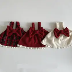 2025 Winter New Baby Girl Cute Sweet Bow Fleece Sling Shirts Cotton Girls Plus Velvet Thick Plaid Tops Infant Toddler Lace Sling