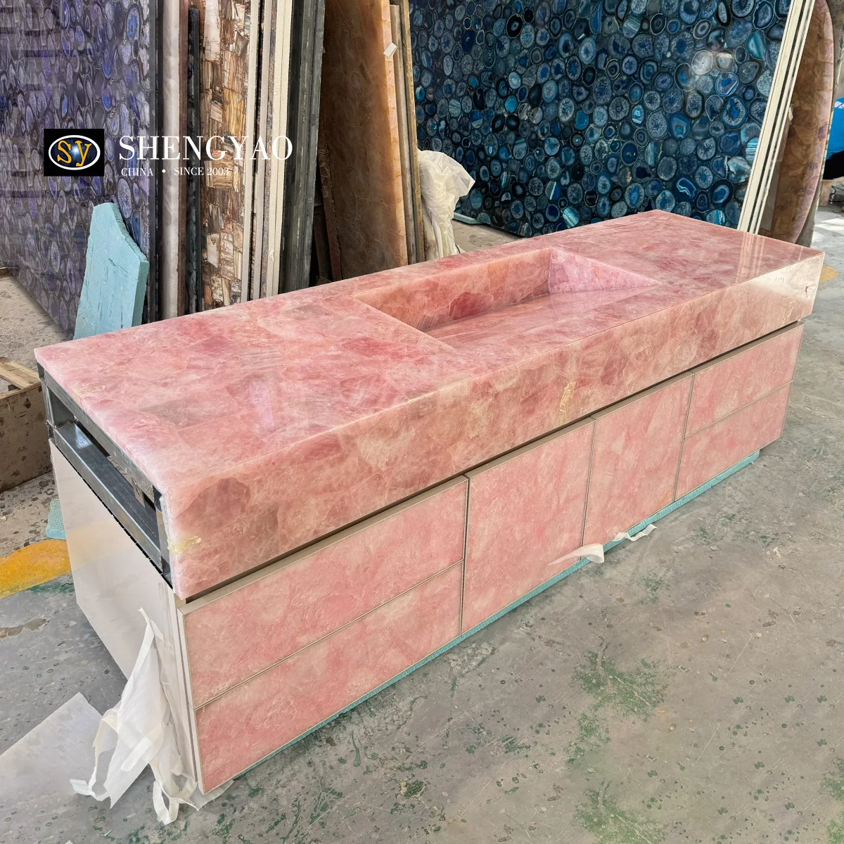 Custom Backlit Natural Solid Pink Onyx Crystal Rose Quartz Translucent Stone Vanity Top And Sink For Luxury Bathroom