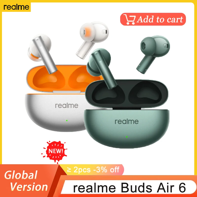 New realme Buds Air 6 TWS Earphone Hi-Res LHDC 5.0 Active Noise Reduction Wireless Bluetooth 5.3 40 Hour Battery Life Headset