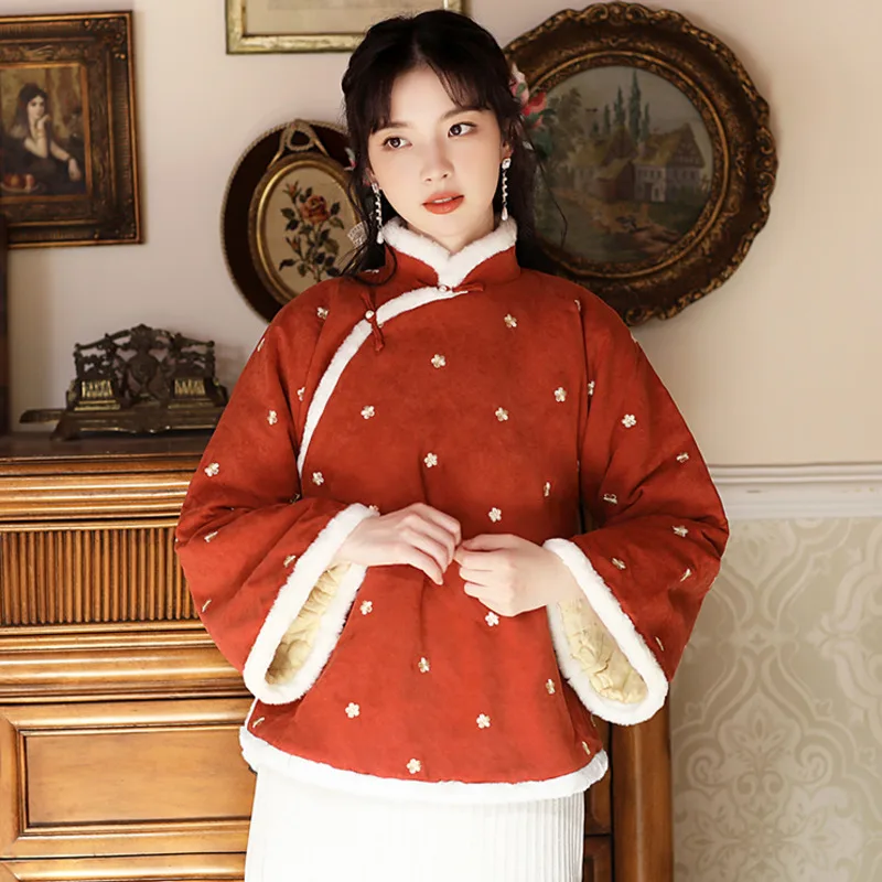 Orange Red Padded Jacket Oriental Traditional Harajuku Vintage Coat Thicken Chinese Tang Suit Short Women Ethnic Style Loose New