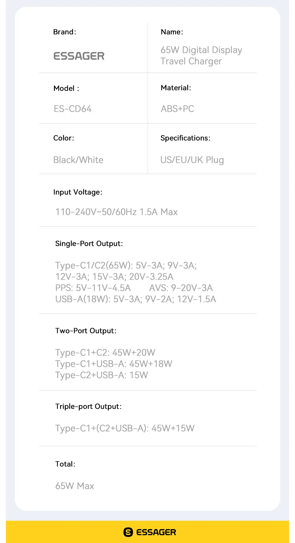 Essager 65W GaN USB Typ-C Ladegerät mit Digitalanzeige Mehrfach-Schnellladegerät für iPhone Huawei Samsung iPad MacBook Laptop – Detail 15