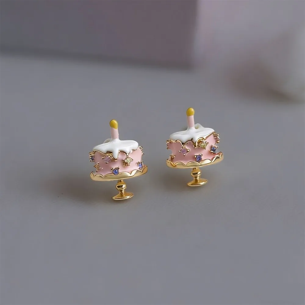 Enamel Birthday Cake Stud Earrings Childishness Zircon Mousse Cake Earrings Sweet Korean Style Ice Cream Ear Studs Hipster
