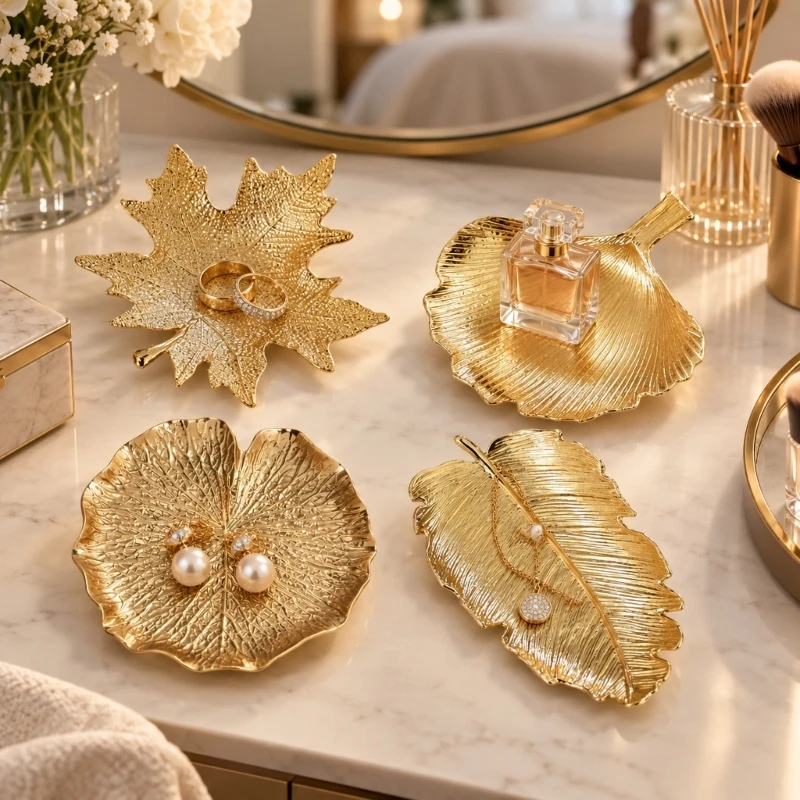 Retro Luxury Gold colors Leaf-Shaped Plates Tray Dish Jewelry Storage Tabletop Decor Home Hotel Supplies