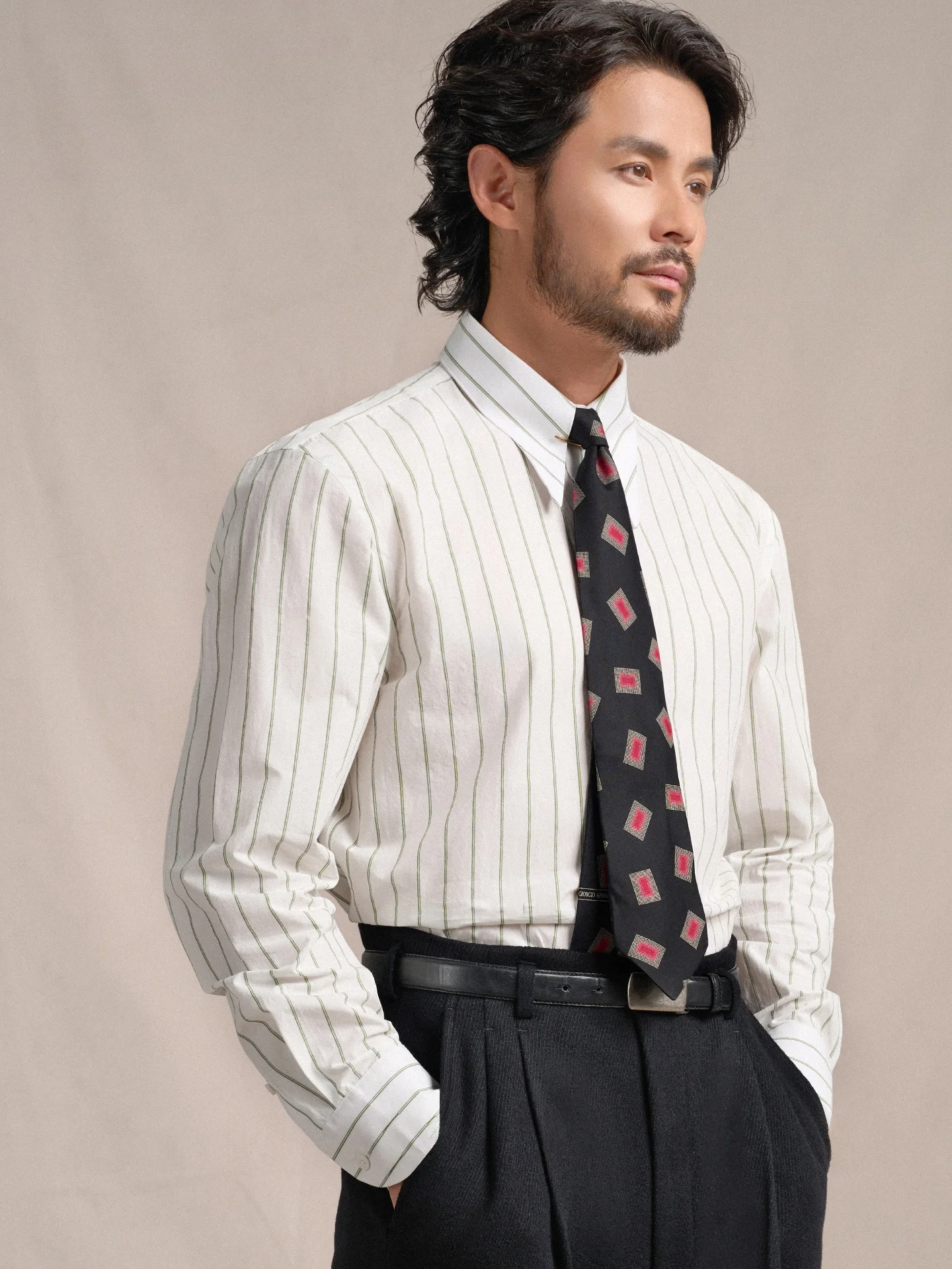 Cultum 1930s Vintage Long Point Collar Long Sleeve Casual Striped Men's Shirt Pure Cotton High Spin Yarn Fabric Breathable Co...