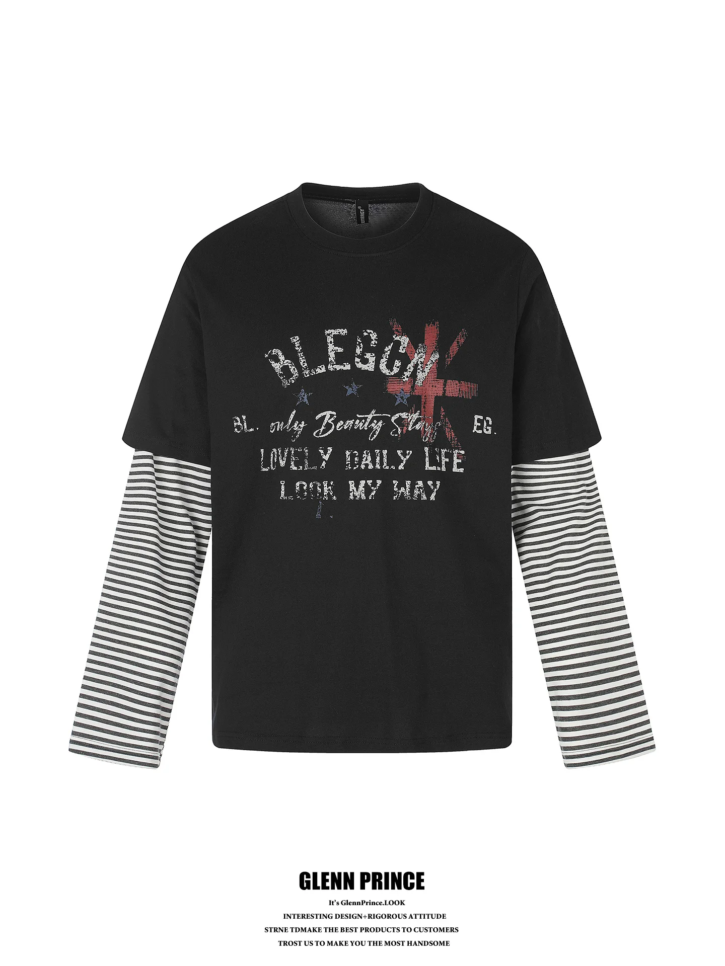 Retro Letter Print Long Sleeve T-Shirt Men's Lightweight Patchwork Design Casual Top GPstudio Punk Style Cotton Breathable