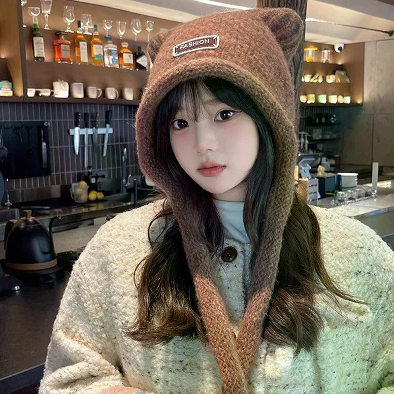 Autumn And Winter Woolen Cute Bear Ear Hat For Women Outdoor Warm Cold-Proof Sweet Knitted Hat