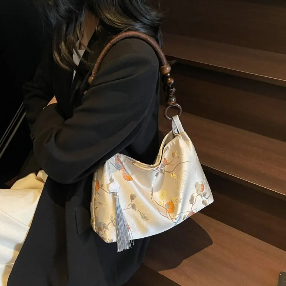 

Chinese Style Flower Underarm Bag Printed Large Capacity Embroidery Shoulder Bag Wooden Beads Tote Bag New Chinese Style Handbag