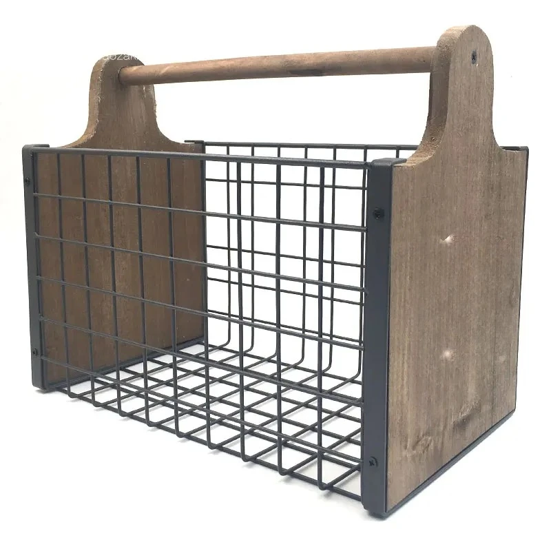

Retro Iron - Wood Combined Cutting Board Shaped Old Wood Storage Basket, Wrought Iron Handle Storage Box