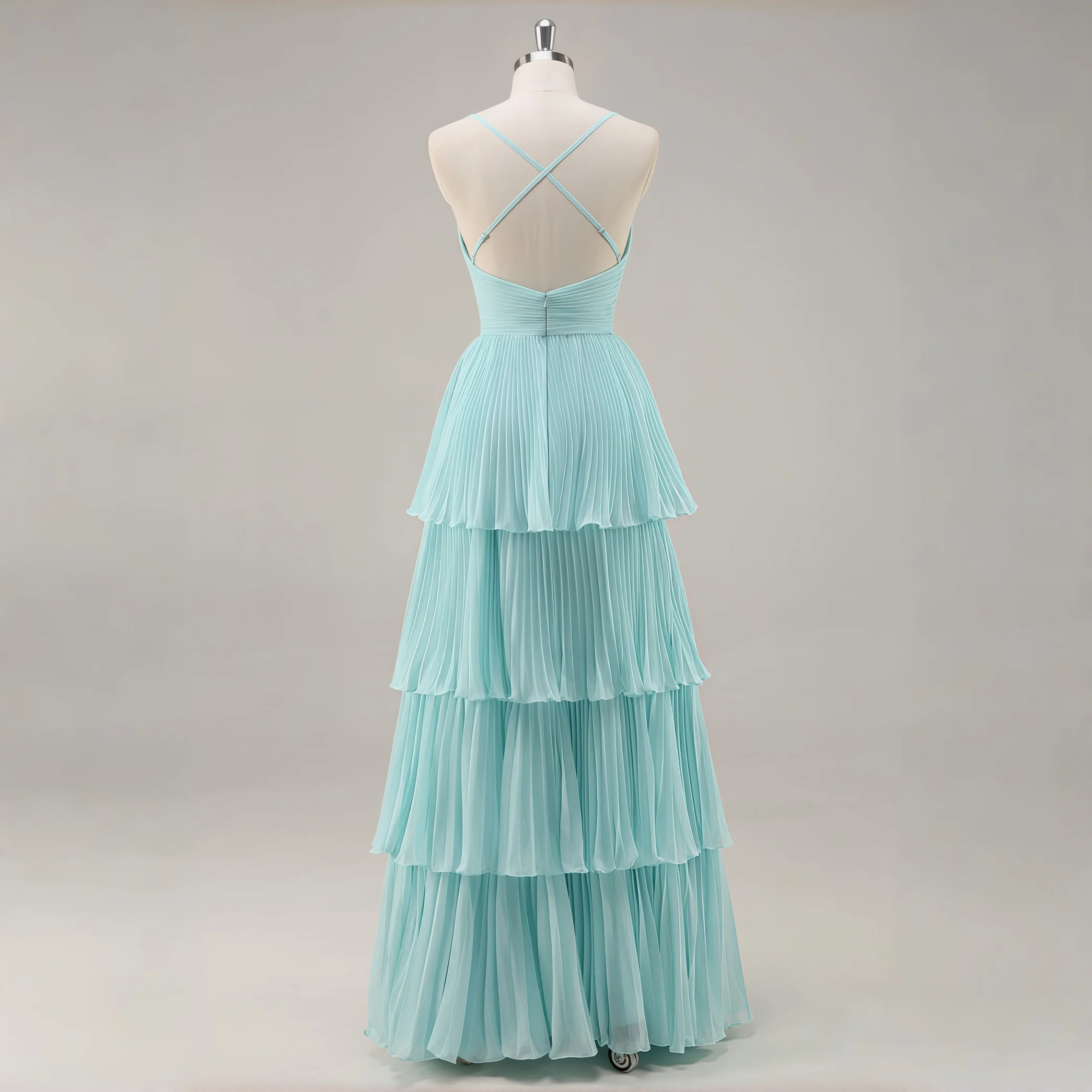 Mint Green Spaghetti Strap V Neck Chiffon Tiered Maxi Dress Ruched Bodice Criss Cross Back Bridesmaid Formal Evening Party Gown