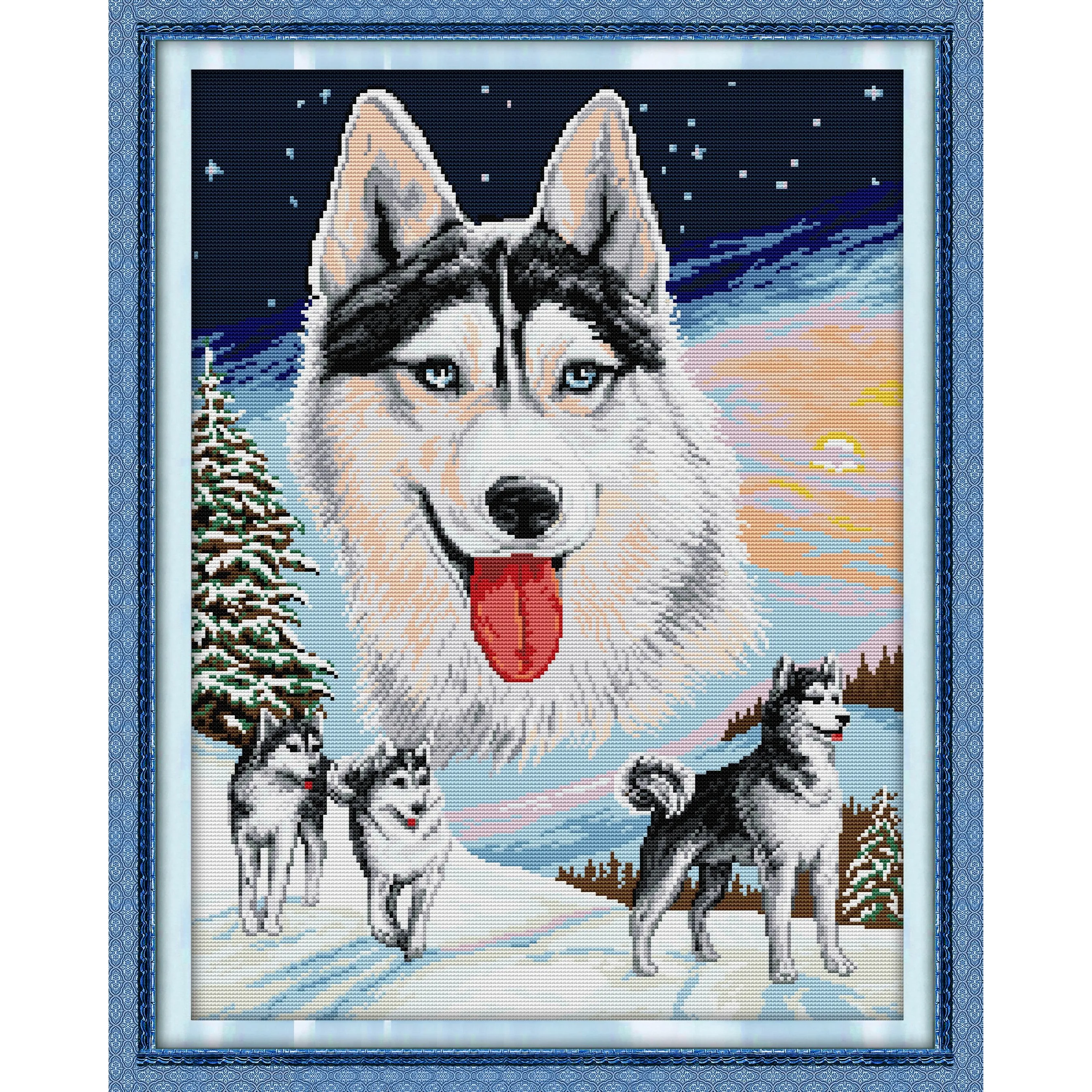 

Soulgift News Pre-Printed Cross Stitch Kit, Stamped Aida Fabric with DMC Threads, Embroidery Kit - Husky