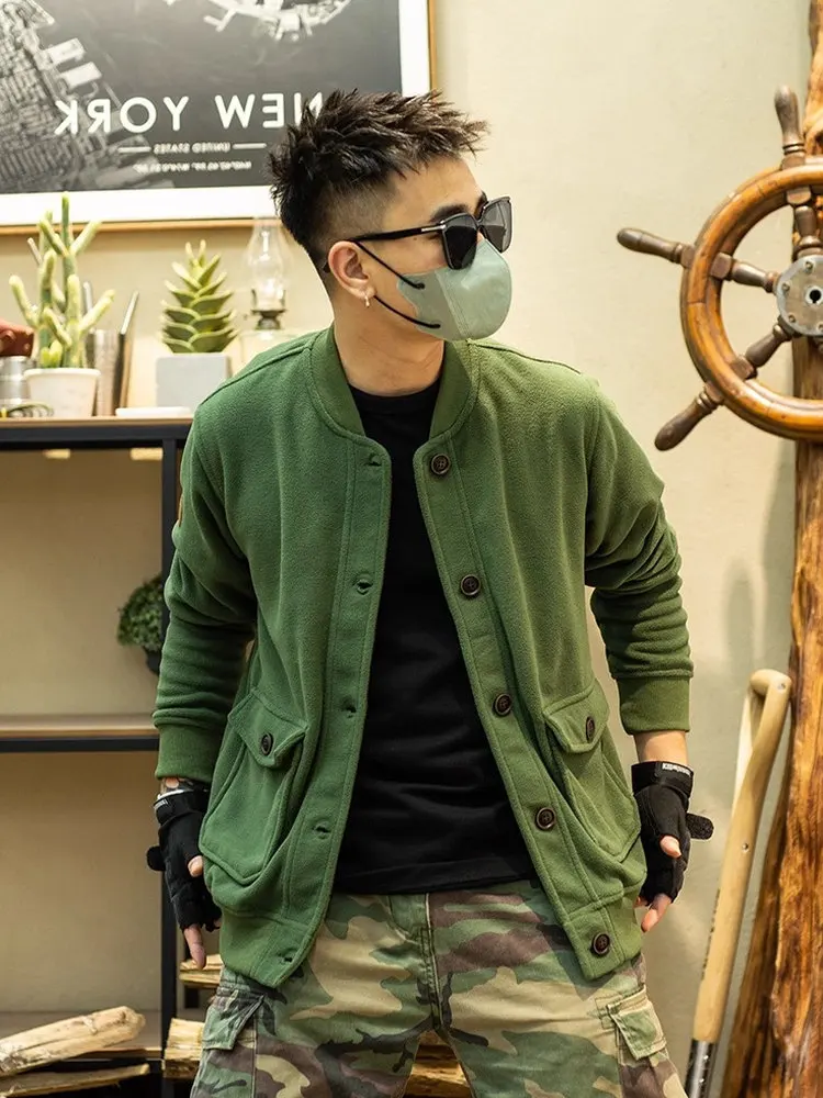 

American Retro Pure Color Baseball Jaet Fce Casual Outerwear Men's Spring Autumn Baseball orm Coat Polyester Fiber